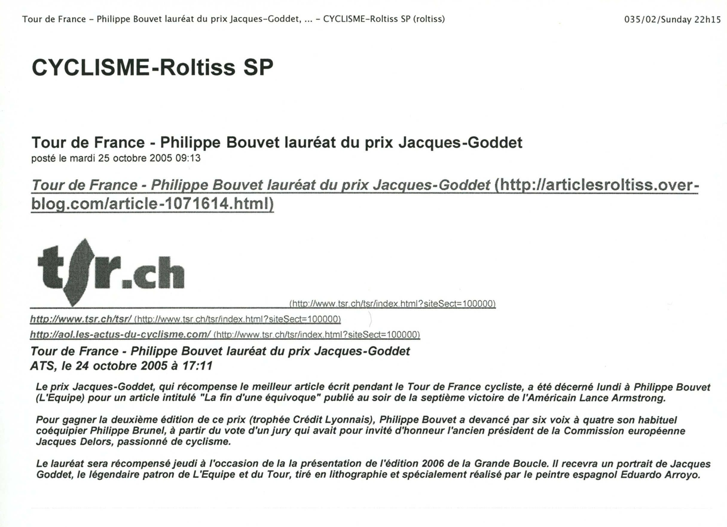 Presse - Roltiss - Prix Jacques-Goddet - octobre 2005