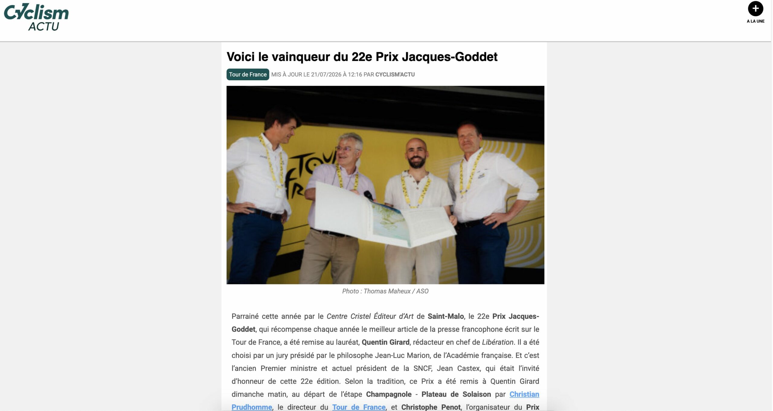 Prix Jacques-Goddet cyclism Actu